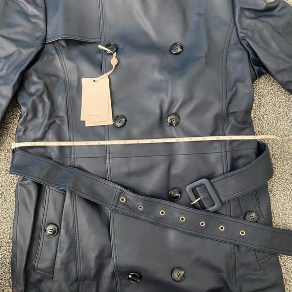 Santinni Navy Leather Trench Coat (Size Medium) - Picture 7 of 8